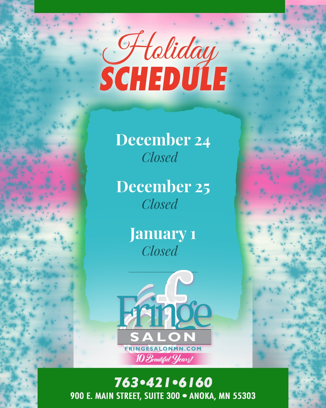 Santa’s not the only one taking a break 🎅
We’ll be closed Christmas Eve, Christmas Day, and New Year’s Day. Wishing you a cozy, joy filled holiday season.